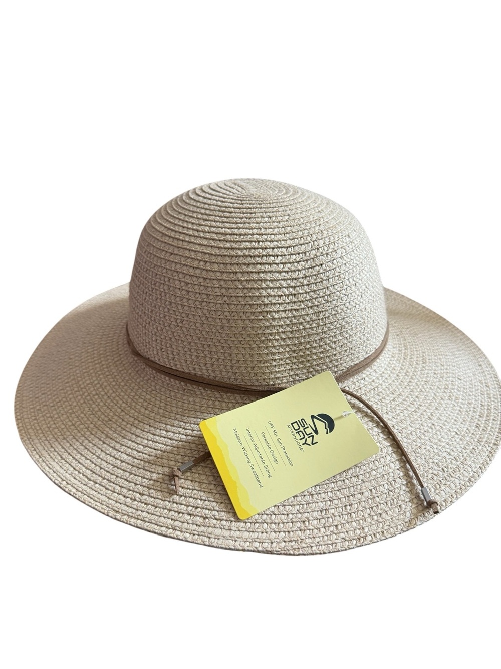 Sun Day Natural-Tan Wide Brim Straw Sun Hat with Brown Chin Cord
